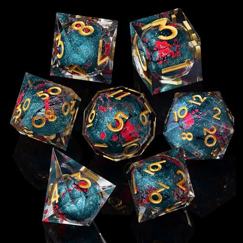 ORUZA 7 Stück Polyedrische Würfel Set, DND Liquid Core Würfel D4 D6 D8 D10 D12 D20 D% Rosen Treibsand Spielwürfel für Dungeons and Dragons RPG MTG Pathfinder Rollenspiele