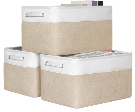 KEEGH Fabric Storage Baskets Set of 3, 17in Storage Boxes for Shelves, Foldable Storage for Hard Bottom Storage, Fabric Basket with Handle, Storage Boxes for Home and Office-White/Beige