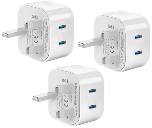 USB C Plug,20W 3 Pack USBC Wall Plug for Apple iPhone Fast Charger Plug UK for iPhone 16/15/15 Pro/15 Pro Max/14/14 Pro/13/13 Pro/12/12 Pro/11/ipad,Dual Port USBC Charging Plug for Apple Watch/ipad