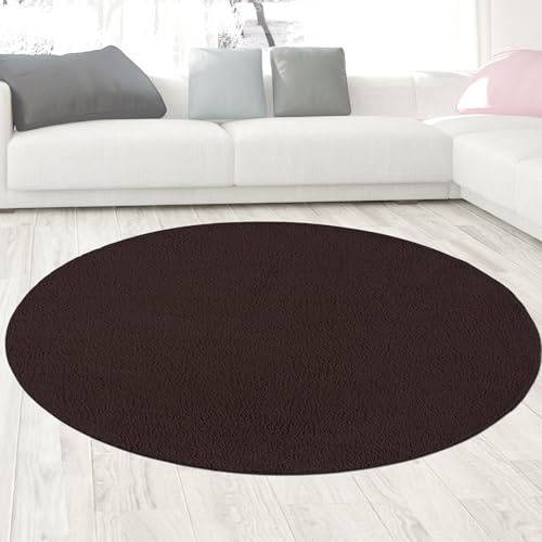 CARPETIA Teppich Langflor Brücke Wohnzimmer Schlafzimmer Jugendzimmerteppich Antirutsch Strapazierfähig Unicolor rund in braun 120 cm Rund