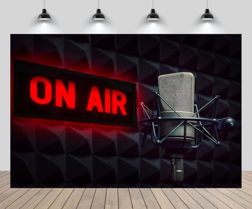 CHNBGPRO 2.1m x 1.5m Professional Microphone Backdrop Radio Station Studio On Air Sign TV Show Newscaster Studio Background Reporter Interview Stage Video Recording Decor Photo Booth Studio Props