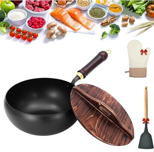 Yagerod Japanische Eisenpfanne Mit Holzdeckel, 24cm/28cm Japanische Unbeschichtete Eisenpfanne, Handgeschmiedeter Topf, Bratpfanne Aus Hochreinem Eisen,Energieeinsparung (Holzabdeckung, 24cm)