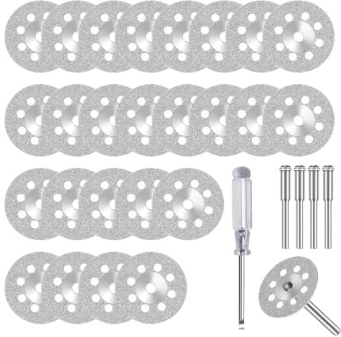 Diamant Trennscheiben Set, 25 Stück, 22mm, mit 4 Dorne 3mm, für Dremel Rotationswerkzeug, Metall/Stein/Glas