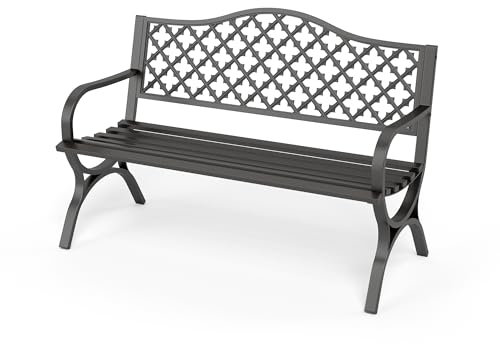 PHI VILLA Schwarze Gartenbank mit Rückenlehne aus Gusseisen und stabilem Stahlrahmen 2-3 Sitzer Bank Outdoor für Veranda, Park, Balkon und Garten