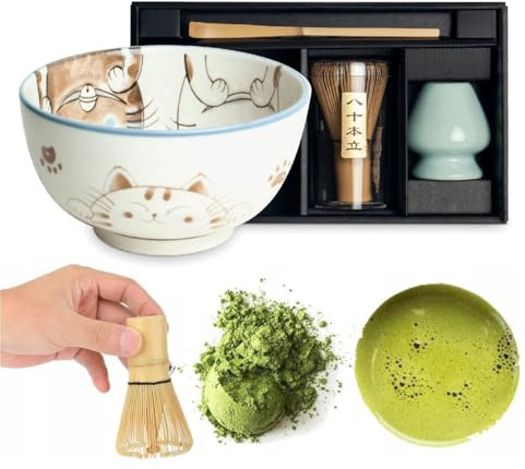 Matcha Set 4 tlg. Original japanische Schale mit Besen & Löffel Edo Japan Geschenkverpackung mit Matcha Besen Chasen, Matchabesen,Matchabesen Halter,Matcha Bambuslöffel Chashaku (Kawaii - Blue Cats)