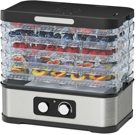 Food Dehydrator Machine for Jerky, 5 Stackable BPA-Free Trays with Temperature Control, 250W Small Dehydrator for Fruit, Beef and Deer Jerky, Mushroom, Herbs, Recipe Included, 72H Max