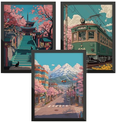 Donari Japan Poster Set – Wandbilder mit asiatischen Motiven | Kyoto, Tokio & traditionelle Kultur | Geschenkidee für Japan-Fans (Set 3 - Comic x Straßenbahn, 30x40 cm, Ohne Rahmen)