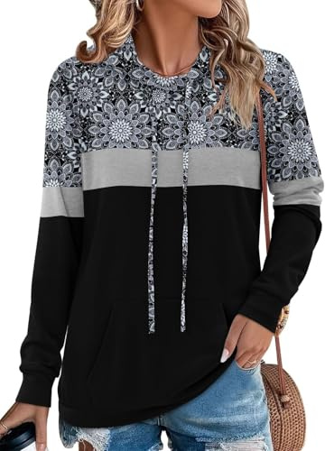 Chicrise Kapuzenpullover Für Damen Langarm Rundhals Strickpullover Mit Taschen Farbblock Strick Kleidung Boho Schwarz 2X Groß 50-54