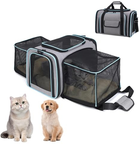 Faltbar Transporttasche für Katzen Hunde, Erweiterbare Hundetransportbox mit 2 Seiten-Erweiterungen, Katzentransportbox mit Schultergurten und Polstern für Flugzeug Auto (Blau, 47 x 28 x 28cm)