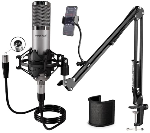 PROAR XLR Microphone Kit with Boom Arm, Professional Condenser Mic for Recording Streaming, 14mm Capsule, Cardioid Studio Bundle with Shock Mount, Pop Filter, for Voice Over, Podcast