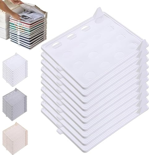 10PCS Space-Saving Stackable Clothing Organizer, Keeps Lightweight Clothes Neat & Accessible, Stackable Closet Organizer for Shirts/Jeans/Pants with Breathable Design for Wrinkle-Free Clothes (White)