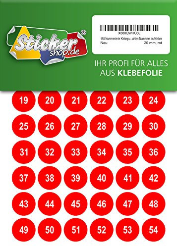 150 nummerierte Klebepunkte, 20 mm, rot, aus PVC Folie, wetterfest, Markierungspunkte Kreise Punkte Zahlen Nummern Aufkleber