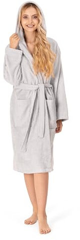 Bademantel Damen - 100% Baumwolle (350g/m²) OEKO-TEX® Zertifiziert - Morgenmantel Damen mit Kapuze, 2 Taschen, Gürtel - Grau - XS