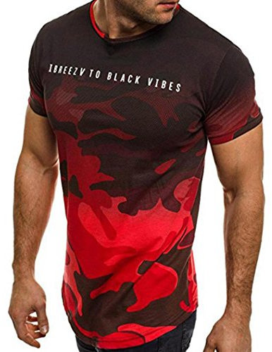 VEMOW Sommer Mode Persönlichkeit Camouflage Männer Täglich Cool Casual Schlank Kurzarm-Shirt Top Bluse Pullover(Rot, 56 DE/XL CN)