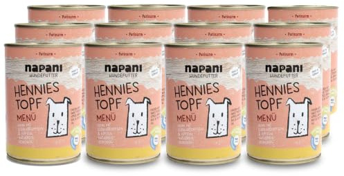 napani - Premium Hundefutter nass, Nassfutter für Hunde, Hennies Topf mit Huhn, Naturreis & Süßkartoffeln, purinarm, schonend gegart & ohne Zusatzstoffe, 12 x 400g