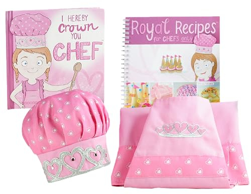 Tickle & Main Set de Regalo Princesa Chef, Incluye Libro, Delantal, Gorro y Libro de Recetas Reales, Niños aprenden a cocinar y hornear de forma básica, ¡Te Corono Chef! para Niñas Rosa Talla Única