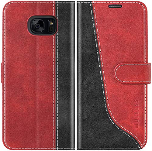 Mulbess für Samsung Galaxy S7 Edge Hülle, Handyülle Leder mit Kartenfach, Klapphülle mit Magnetverschluss, Flip Case Etui Handytasche Schutzhülle, Stilvoll Wein Rot