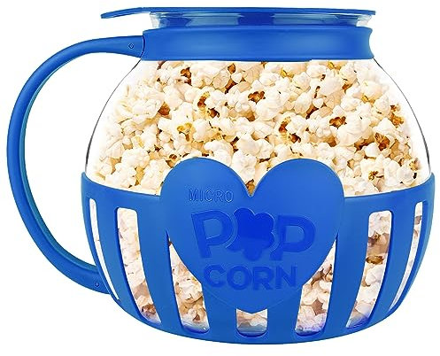 KORCCI The Original 3 Quart Microwave Glass Popcorn Popper, Borosilicate Glass, Dishwasher Safe, 3-in-1 Silicone Lid, BPA Free, Family Size (Blue), L