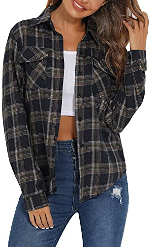 Enjoyoself Chemisier Carreaux Femme 100% Coton Chemise Bucheron Western Décontractée Classique Retro Ecossaise Coton Flanelle Blouse Gilet T Shirt Casual Vintage