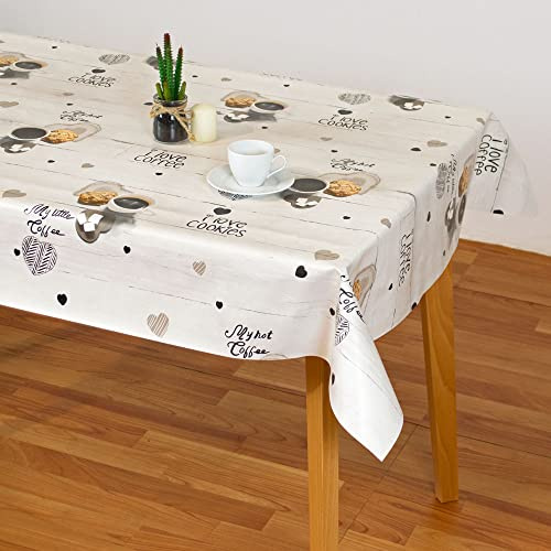Mantel Hule con Dibujos Desayuno y merienda, Tazas de café y Galletas. Cookies (140_x_125_cm)
