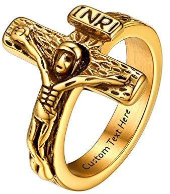 U7 Herren 18k vergoldet personalisiert Kreuz Ring Klassische INRI Kruzifix Ring Katholischer Jesus Christus Amulett Ring Modeschmuck Accessoire für Weihnachten(Ring Größe 59)
