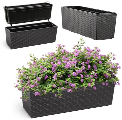 KADAX Fioriera 18,5 x 56 cm, motivo rattan, nero, con inserto – Per esterni, resistente