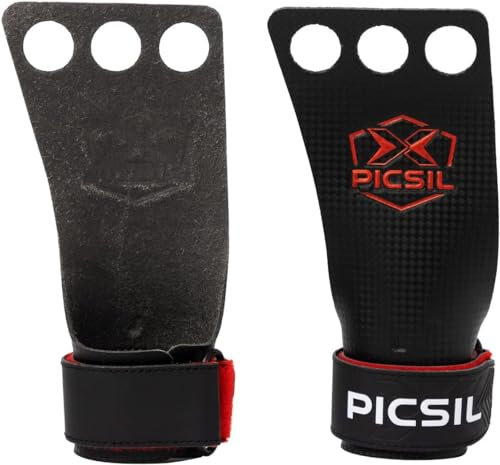 PICSIL RX Hand Grips – Profi 3‑Loch‑Griffpolster aus Carbonfaser in Profi‑Qualität, Chalk‑kompatibel, Handschutz für Calisthenics, Krafttraining & Gymnastik (Rot, XL)