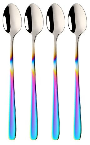 BISDARUN 18/10 Edelstahl Latte Löffel Gradienten Regenbogen EIS Teelöffel, 4 Stück Lange Griff Eisbecher Löffel für heiße Schokolade heißes Getränk, Spülmaschine sicher