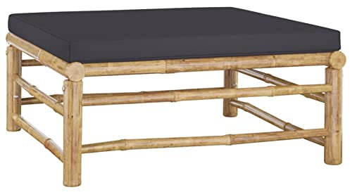 Gecheer Garten Fußhocker mit Dunkelgrauem Kissen Gartenhocker Sitzhocker Fußbank Gartenmöbel Ottomane Hocker Garten Balkon Terrasse 65 x 65 x 30 cm (L x B x H),Bambus, Stoff (100% Polyester)