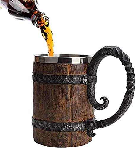 ZNZNANG Chope à bière en forme de tonneau en acier inoxydable - Chope à bière faite à la main - Carving - Style rétro - Pour bar et restaurant (chope à bière en fût de bois 550 ml)