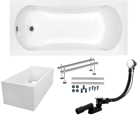 Baignoire rectangulaire BADLAND ARIA 130 x 70 cm - Kit complet avec support de baignoire de qualité supérieure + pieds et bonde automatique chromée exclusive - Fabriqué en UE - 4 en 1