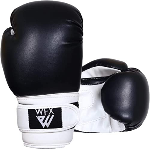 WFX Guantes de Boxeo para niños para Artes Marciales Sparring Junior Mitts de Cuero Resistente MMA Entrenamiento Saco de Boxeo Guantes llamativos Muay Thai Kick Boxing niños y niñas (Negro, 6OZ)