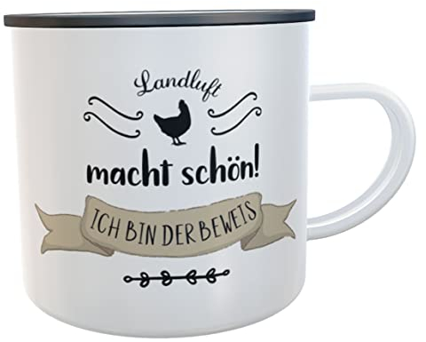 Kilala Emaille-Becher Huhn Landkind Spruch Landluft macht schön Emailletasse Dorfkinder Blechtasse Hühner Landfrauen (Landluft/Huhn)