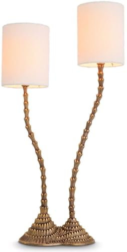 Casa Padrino Luxus Doppel Tischleuchte Vintage Messing/Weiß 27,5 x 15 x H. 78 cm - Schreibtischleuchte im Palmen Design - Luxus Tischleuchten - Luxus Schreibtischleuchten - Luxus Qualität