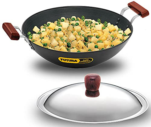 Aakrati L-47 Hard Anodised Flat Bottom Deep Fry Pan/Kadhai with Stainless Steel Lid, 5-Liter