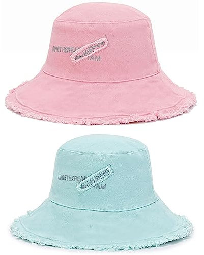 Rayson Bob Chapeau Femme été Soleil Pliable Bob Homme Unisexe Grand Bord Chapeau de Pêcheur en Coton avec Lettres Capelines Femme Anti UV(Bleu+Rose)
