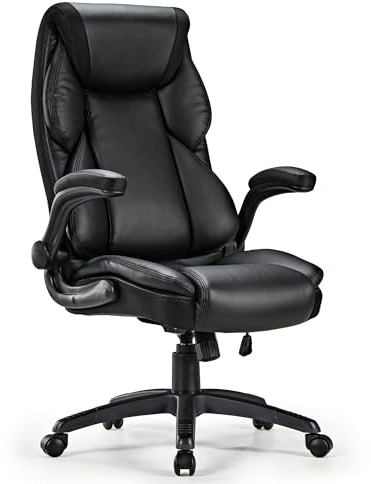 EUREKA ERGONOMIC Chefsessel Bürostuhl, PC Stuhl aus Kunstleder mit klappbaren Armlehnen, Schreibtischstuhl mit Hohe Rückenlehne und Höhenverstellbar, 360° Drehstuhl für Büro/Zuhause- Schwarz