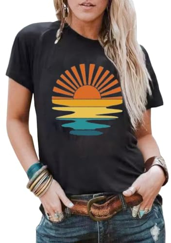 Damen Sommer Strand T Shirt Cute Palm Tree Grafik Lose Tees Kurzarm Casual Tops, Dunkelgrau6, Groß