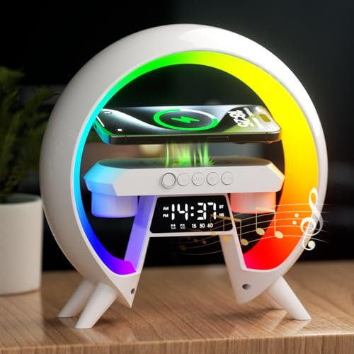 Atmosphärenlampe mit 15 W kabellosem Ladegerät, LED-Wecker, intelligente Tischlampe mit Bluetooth-Lautsprecher, schillerndes Lauflicht, Lichter für Erwachsene, Kinder, für Büro, Schlafzimmer (Color A)