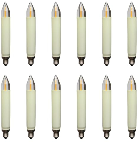 Erzgebirgslicht - AUSWAHL - 12 Stück LED Filament Schaftkerze 23V 0,2W E10 INNEN + AUSSEN für 10 Brennstellen Ersatzbirne Glühbirne Normalschaftkerze für Lichterketten Pyramide und Schwibbogen