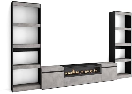 Skraut Home | Mobile Soggiorno TV | Parete Attrezzata Soggiorno | 320x186x35cm | Per TV fino a 80 | Camino elettrico | Stile moderno | Cemento
