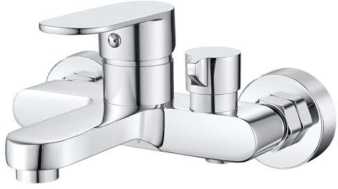 Grifo Bañera y Ducha Grifo Monomando Ducha con Dos Salida, Griferia Ducha Bañera Mezclador Cromado Montaje en Pared, Sin Incluir Alcachofa, 1/2'' Salida Universal, Latón, Plateado