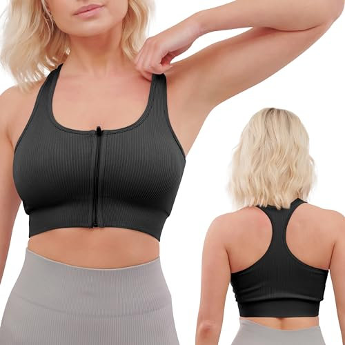 Super Eagle® High Impact Sports Bras Women's Front Zip Sports Bra Front Fastening Post Surgery Bra's Wireless with Removable Pads Yoga Gym Workout Fitness Black
