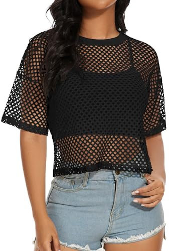 Women's Mesh Fishnet Top See Through Cover Up Short Sleeves T Shirts Sheer Blouse, A Black, L