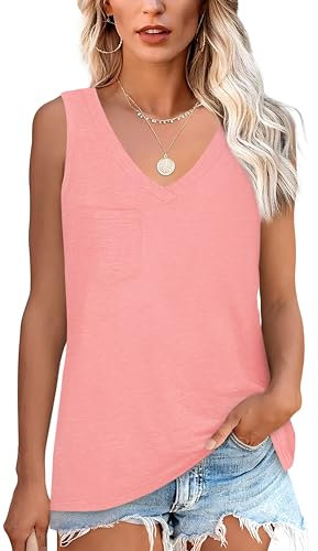 Nonsar Débardeur d'été basique sans manches pour femme, débardeur élastique avec col en V, débardeur décontracté avec poche, débardeur ample et confortable, Rose, L