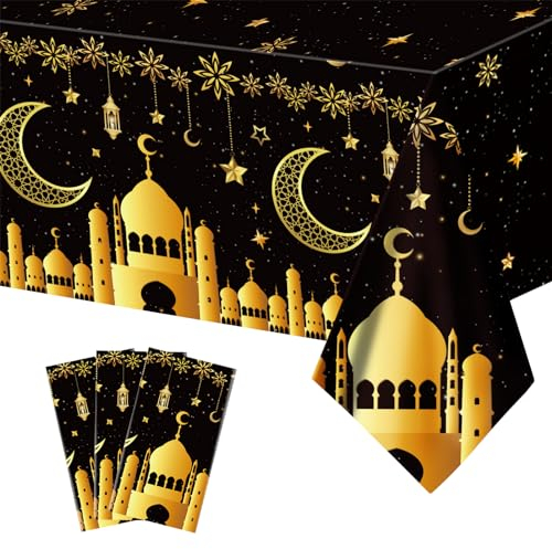 Lets Joy 3-stück Eid Mubarak Ramadan Tischdecke, 130 x 220 cm, Schwarz & Gold, Wasserdicht, Kunststoff, Rechteckig, Festive Elegant, Ramadan, Feierlichkeiten