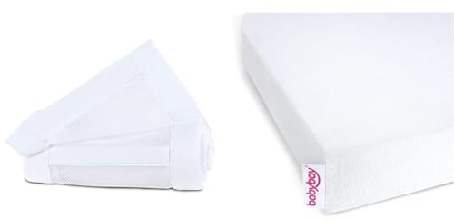 babybay Nestchen Mesh-Piqué/Bettumrandung für Beistellbett/Stoßschutz für Baby Bett, passend für Modell Maxi, Boxspring, Comfort und Comfort Plus, weiß & Jersey Spannbetttuch Deluxe Doppelpack