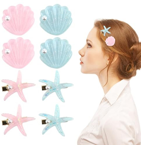 8PCS Fermagli per Capelli Stella Marina bambine, Mollette per Capelli Conchiglia, Blu, Rosa, a Coccodrillo, Accessori per Capelli, Perfetti per Feste e Occasioni Speciali