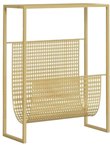 GBS Narrow Slim Side Table with Built-In Magazine Rack, Metal Bedside Magazine Holder Sling Bar Bottom Storage, Shelf Nightstand Bedside Table for Bedroom or Living Room (GOLD)