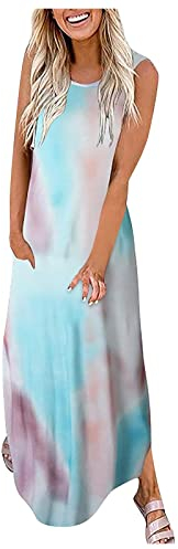 2024 Damen Ärmellos Wrap Rundhalsausschnitt Boho Kleider Für Hochzeitsgast Sommer Floral Maxi A-Line Flowy Sundresses (Hellblau,XXL)